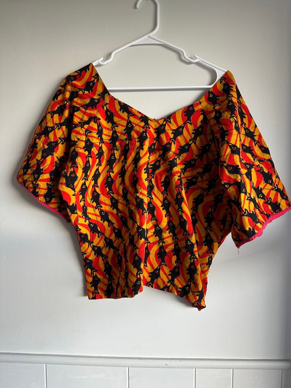 Handmade African Wax Print Top XL Fish Novelty Pattern Ankara V-Neck Blouse